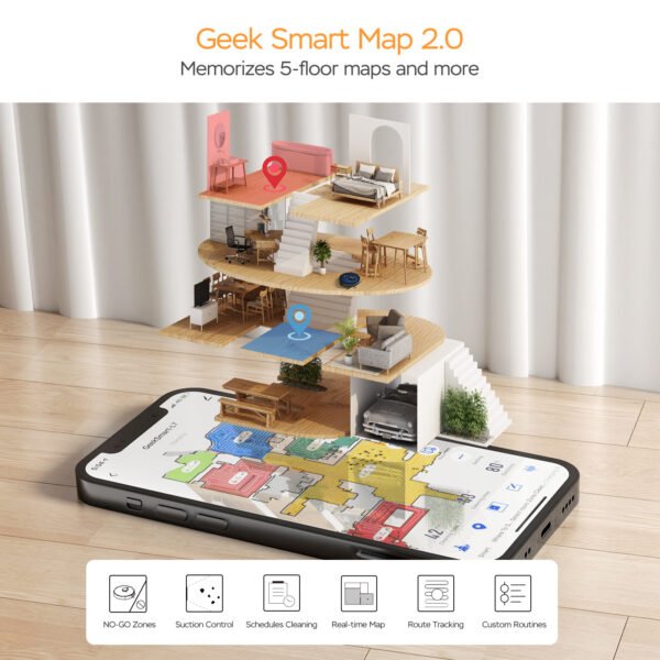 Geek Smart Robot Vacuum Cleaner and Mop L7, LDS Navigation,Wi-Fi Connected APP, Selective Room Cleaning, Carpets and Hard Floors, MAX 2700 PA Suction, 2600mAh, 130mins Runtime - Image 4